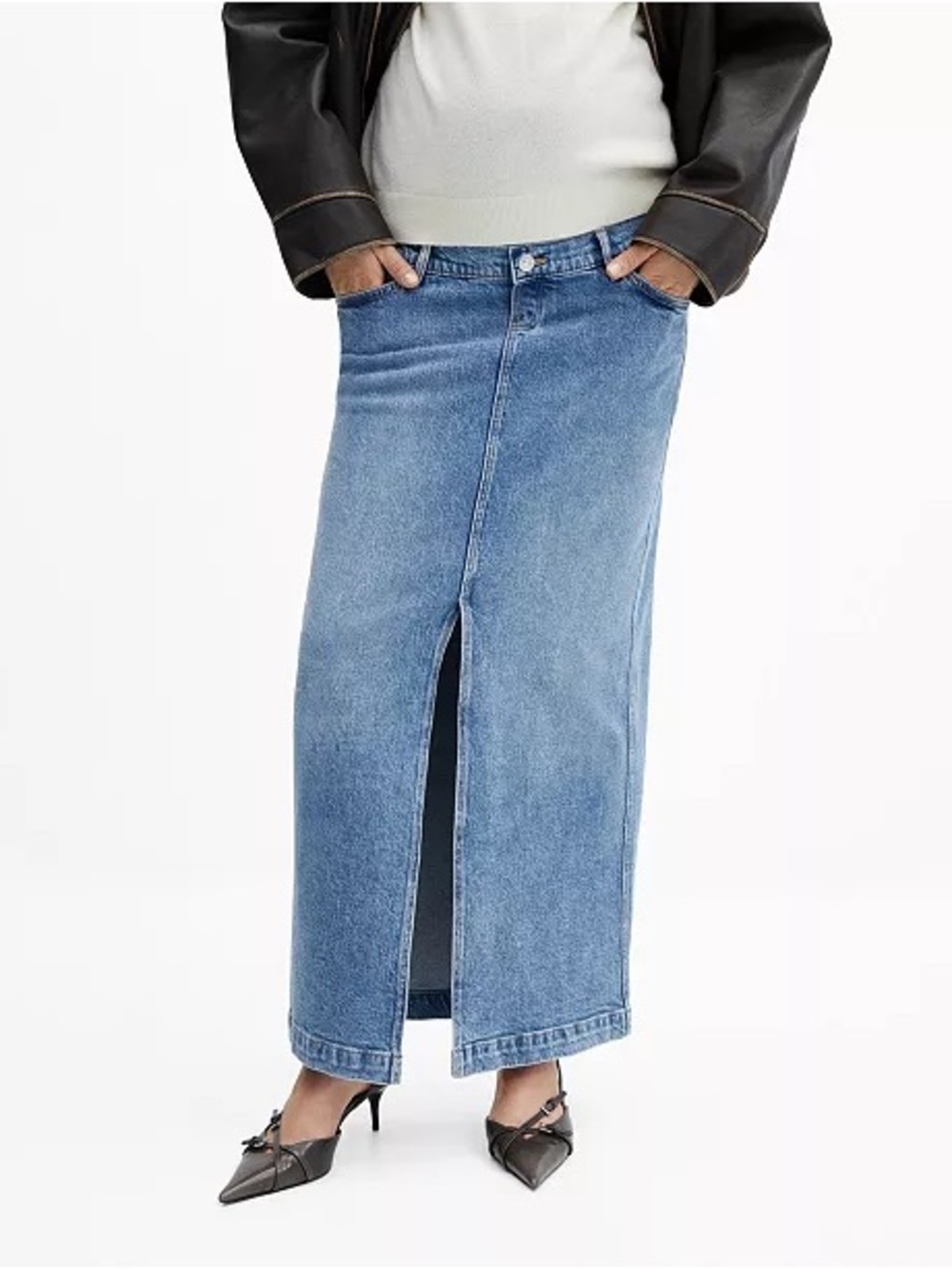 Mango Maternity Medium Blue Denim Maxi Skirt with Front Slit